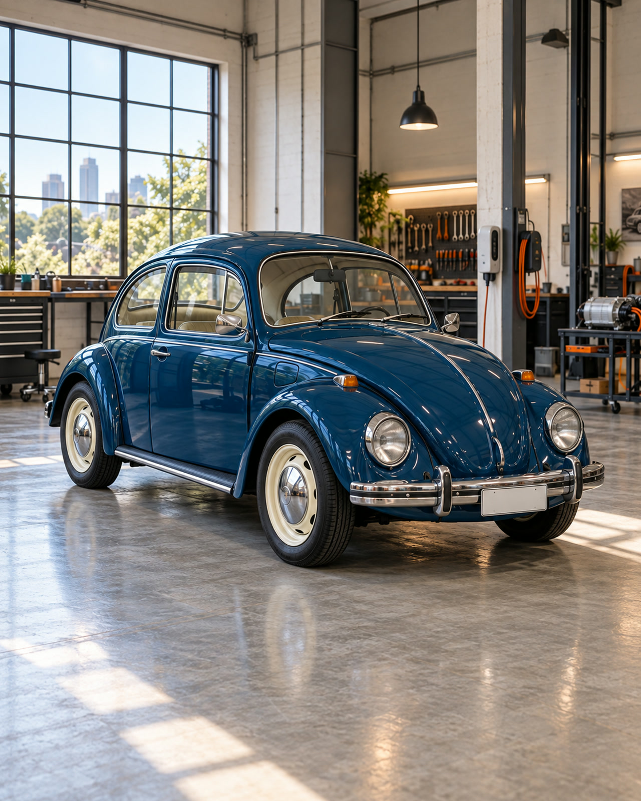 Fusca azul-petróleo restaurado dentro da oficina Besouro Elétrico, com o motor já trocado por um elétrico.