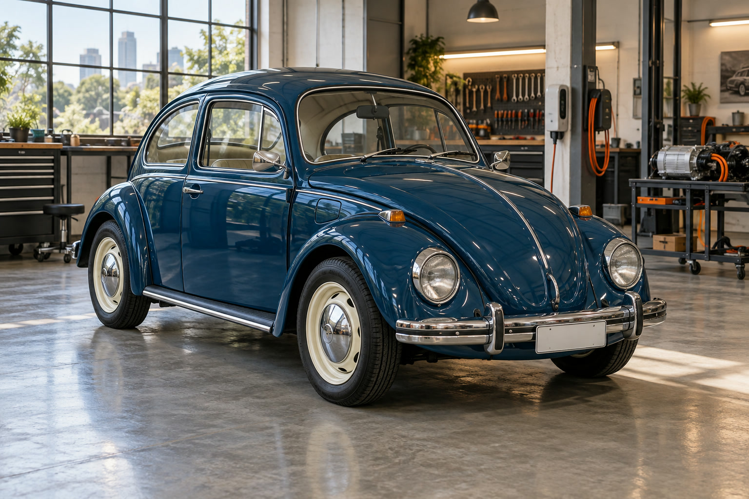 Fusca azul-petróleo ainda com o motor original, parado dentro da oficina.
