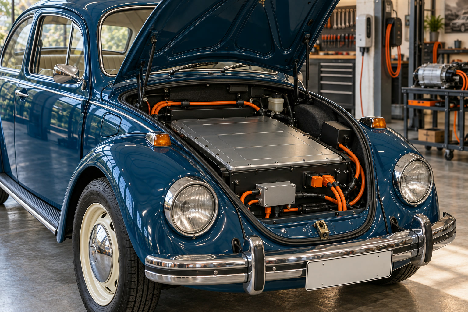 Porta-malas dianteiro do Fusca aberto com o pacote de bateria instalado e os cabos laranja conectados.
