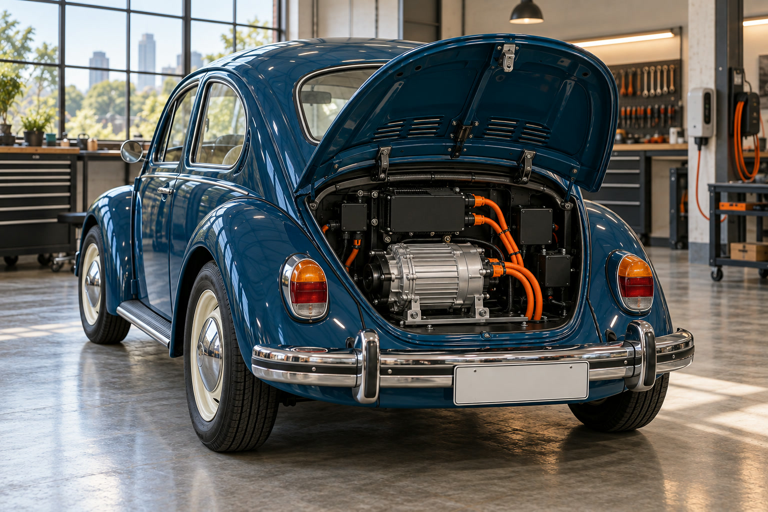 Tampa traseira do Fusca aberta, mostrando o motor elétrico compacto ligado por cabos laranja.