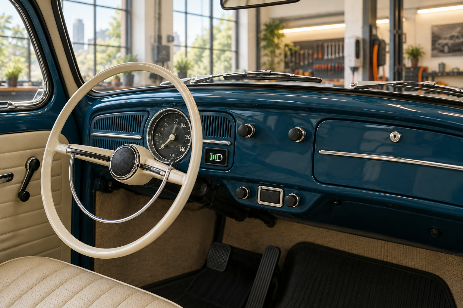 Painel de época do Fusca, com volante branco e um indicador discreto de carga ao lado do velocímetro.