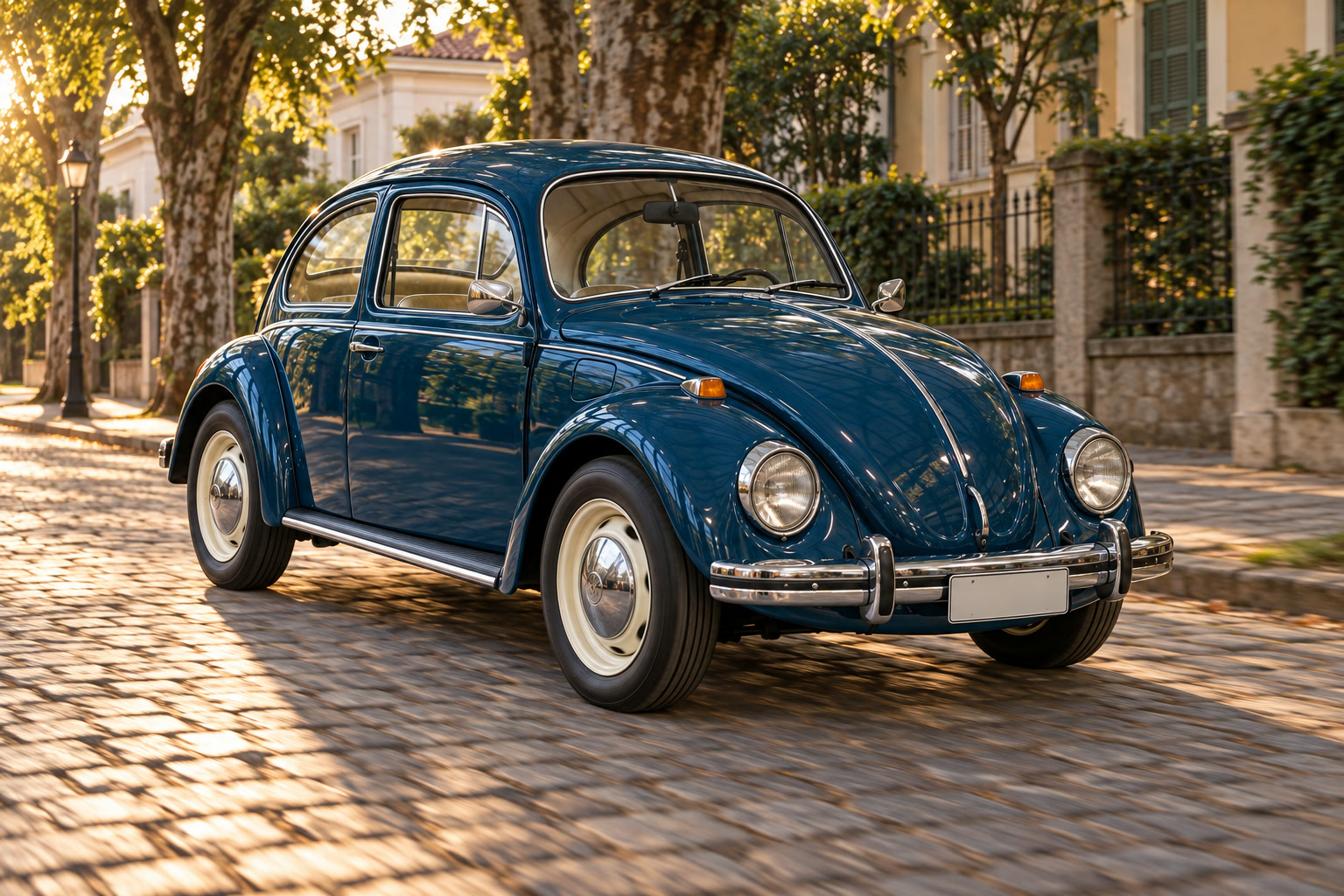 O mesmo Fusca azul-petróleo rodando numa rua de paralelepípedo, ao fim da tarde.